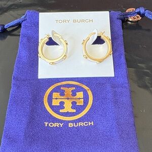 Tory Burch Gold Hoop Earrings with Purple Logo Pouch